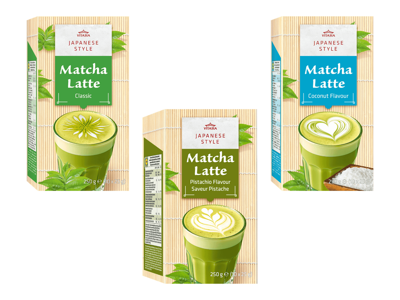 Kolme erilaista japanilaistyylistä Matcha Latte -pikajuomajauhepakkausta.