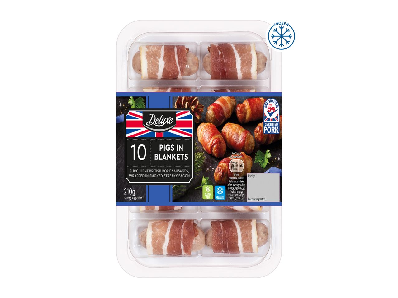 A package of Deluxe 10 Pigs in Blankets, succulent British pork sausages wrapped in smoked streaky bacon.