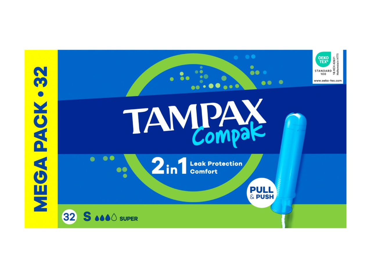 32 Tampax Compak mega pack: super absorbent tampons with leak protection.