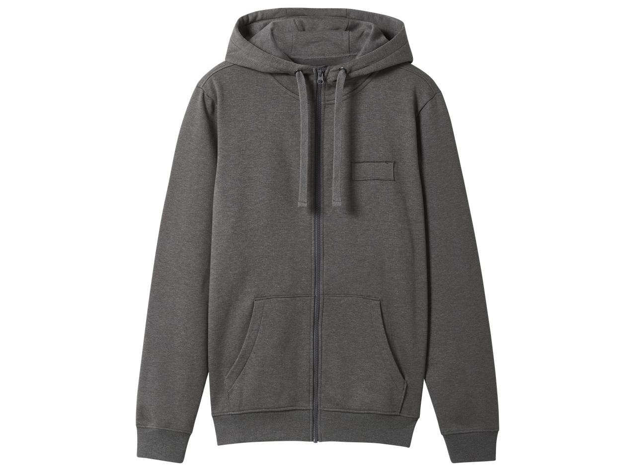 Сив суитшърт с качулка и цип, с джобове тип кенгуру и малък джоб на гърдите.
