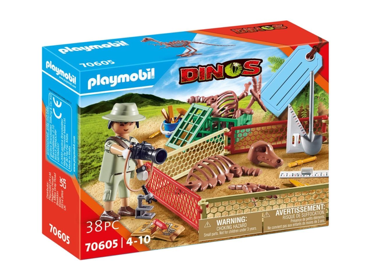 Playmobil Dino Rise:  A paleontologist explores a dinosaur dig site with a cart and tools.