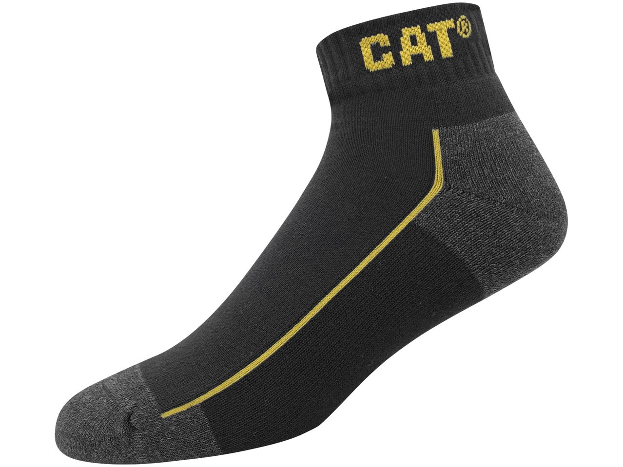 CAT branded black ankle socks with a yellow stripe.