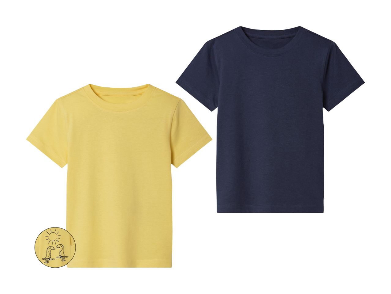 To ensfarvede t-shirts, en gul og en mørkeblå.