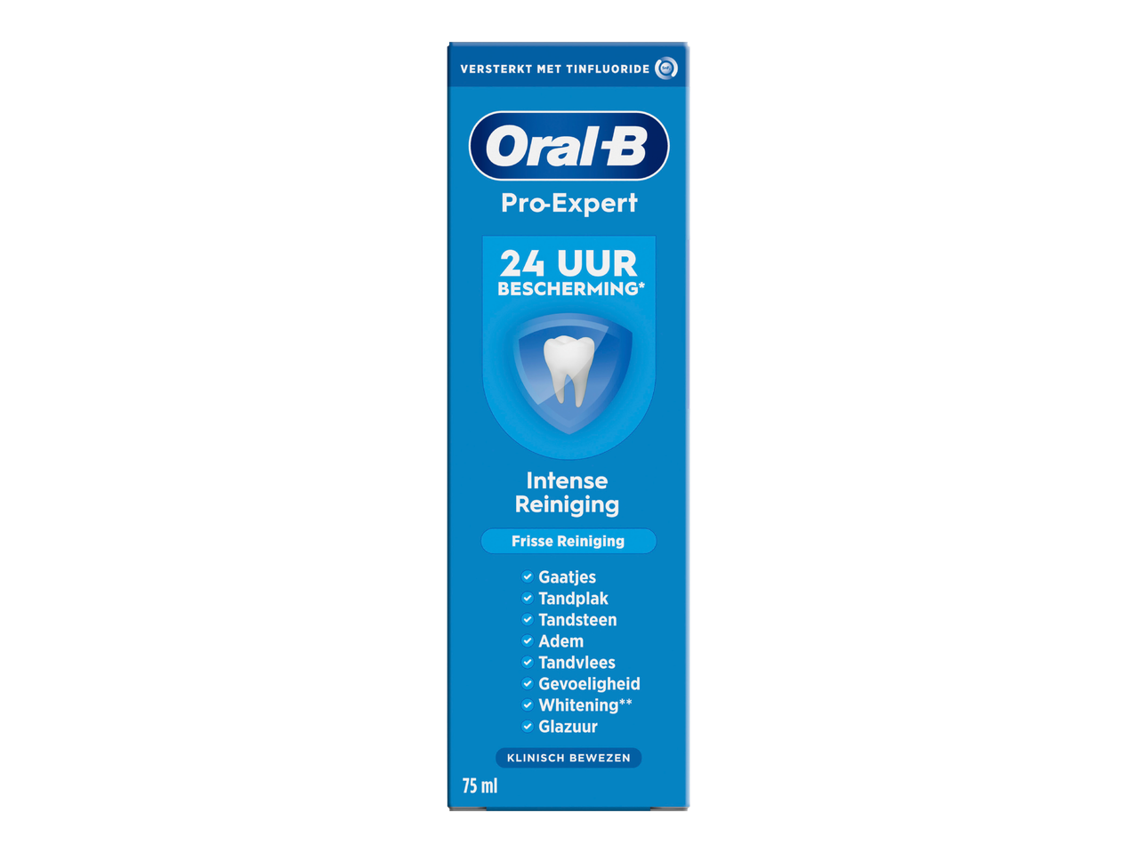 Tandpasta met 24 uur bescherming en intense reiniging, gericht op gaatjes, tandplak, tandsteen, adem, tandvlees, gevoeligheid, whitening en glazuur.