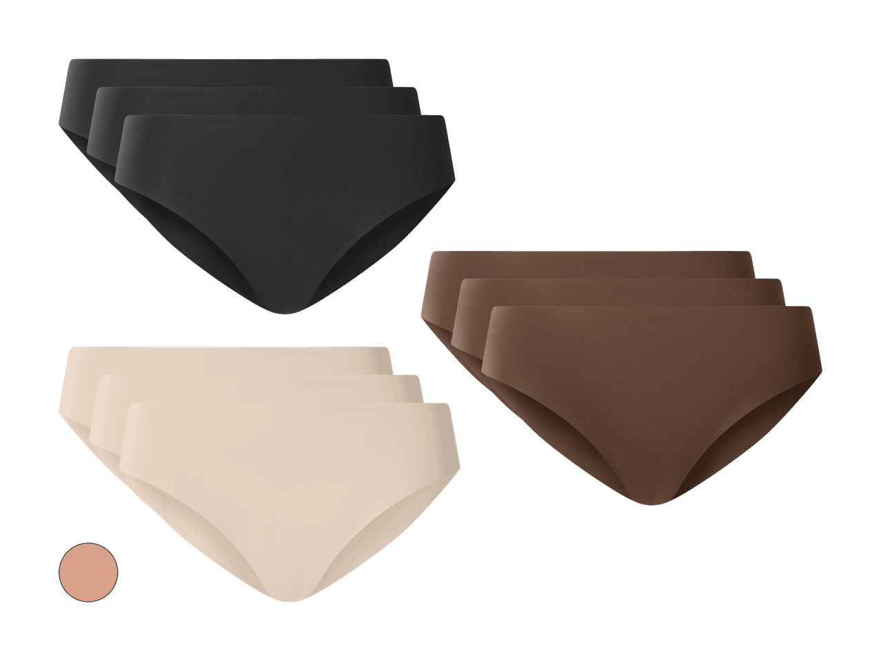 Dreierpack nahtloser Slips in Schwarz, Beige und Braun.