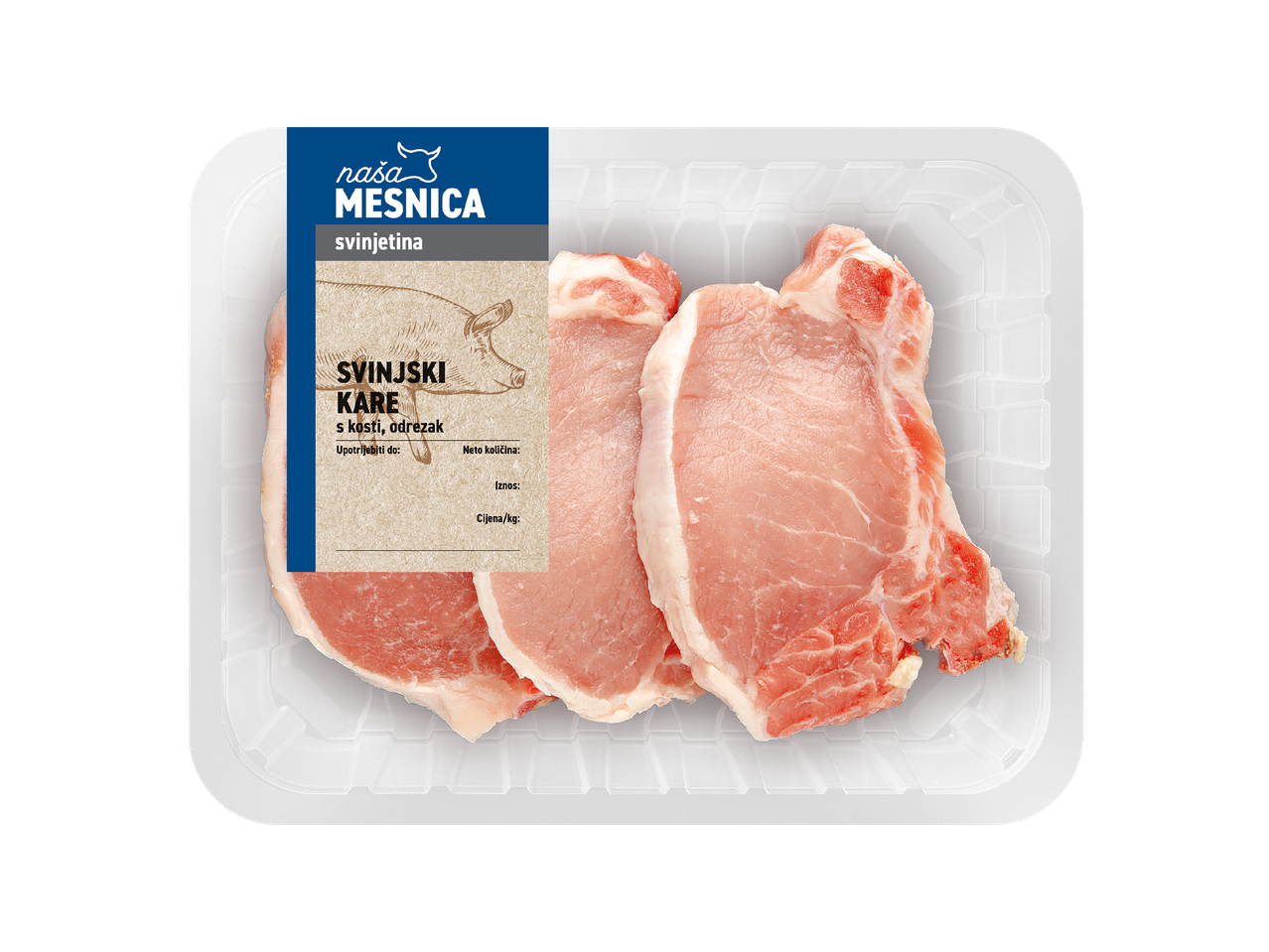 Svinjski kare s kosti, odrezak u pakiranju s etiketom