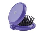 A purple compact hairbrush with a flip-top case.