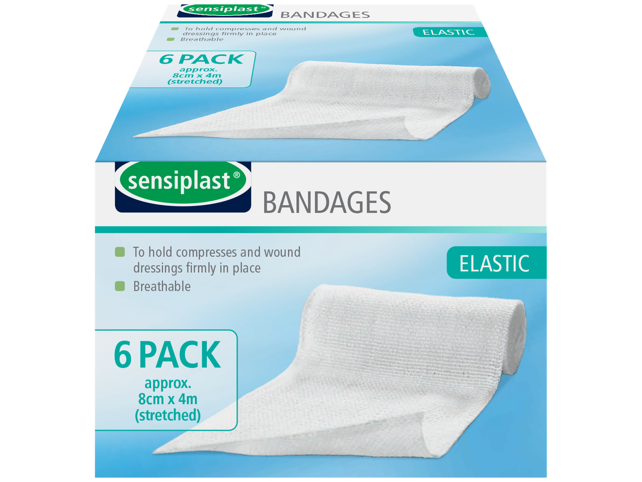 Sensiplast® elastiniai bintai kompresams ir tvarsčiams, 6 pakuotės, 8cm x 4m.