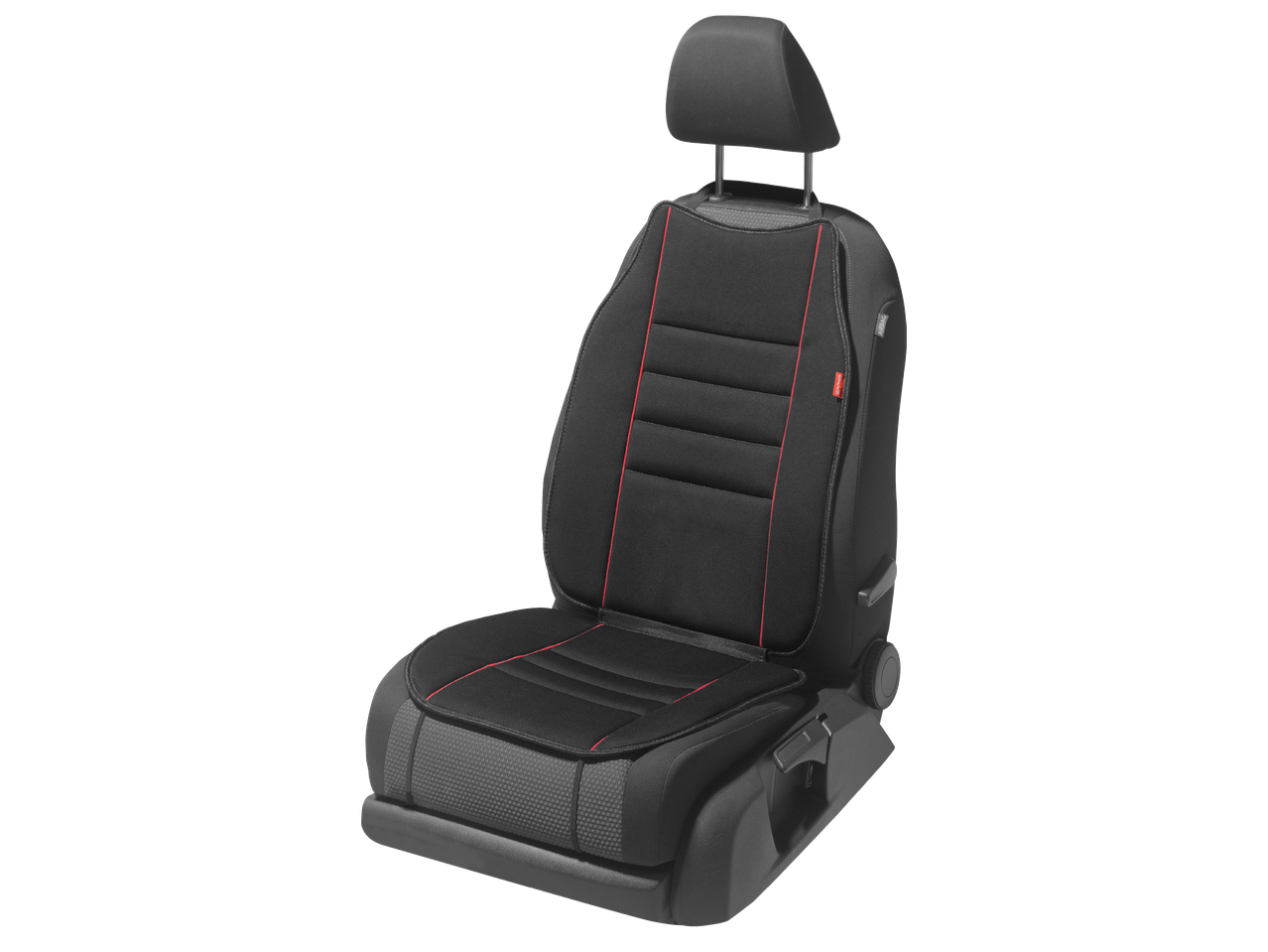Черна подложка за седалка на кола с червени акценти.