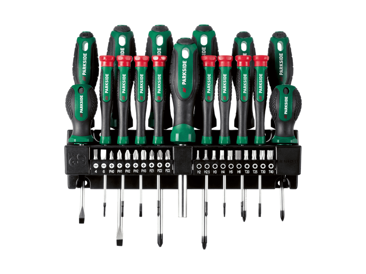 Set di cacciaviti e punte con manici ergonomici verdi e neri, disposti su un supporto.