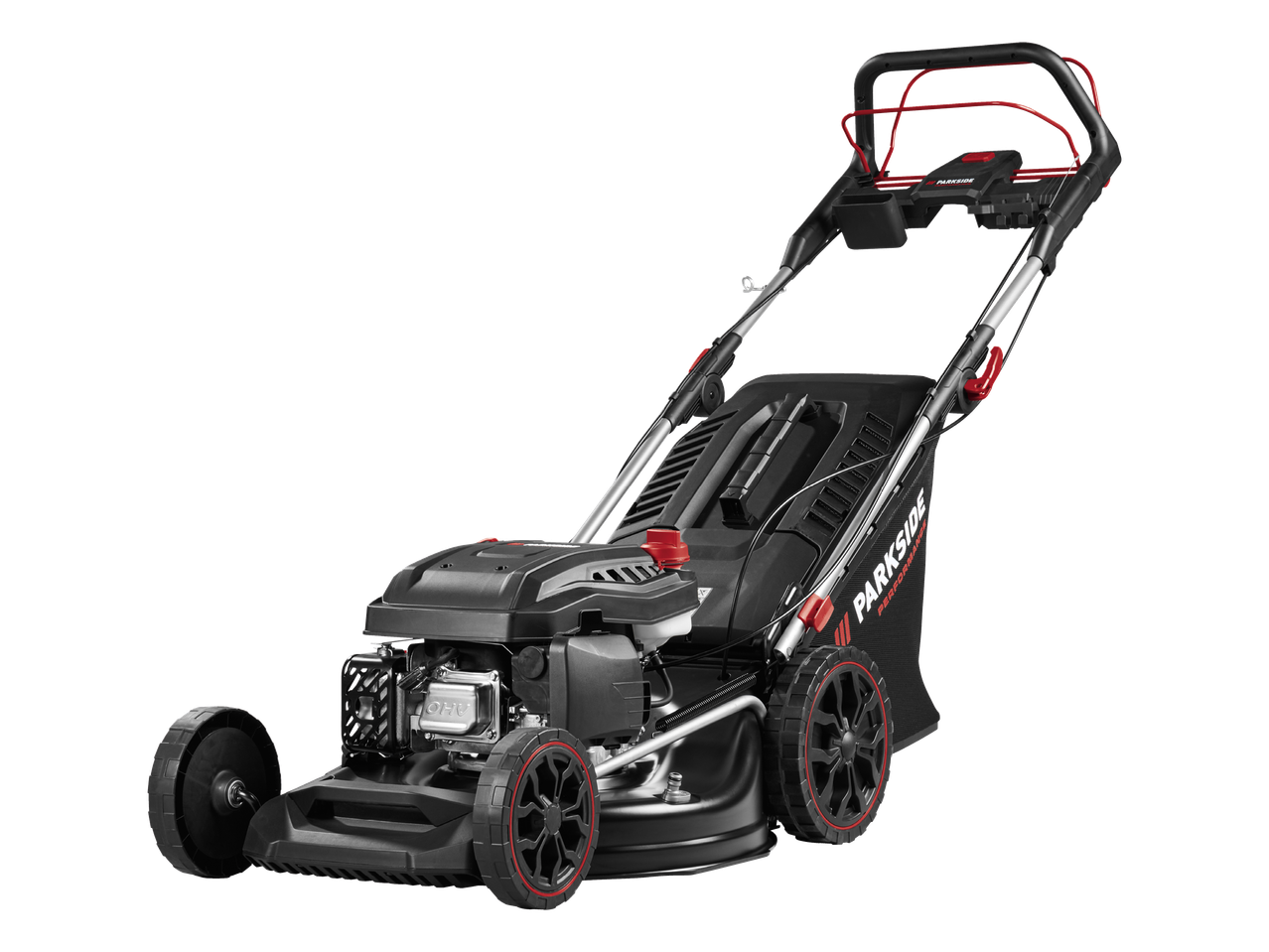 Crna kosilica s crvenim detaljima i crnim kotačima na crnoj pozadini.