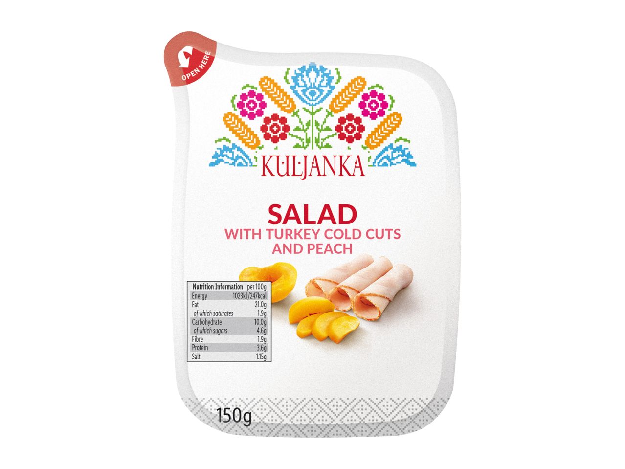 Salad with turkey cold cuts and peach, featuring nutritional information and a 150g weight.