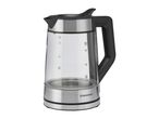 Glass electric kettle with a black handle and stainless steel base, showing water level markings.