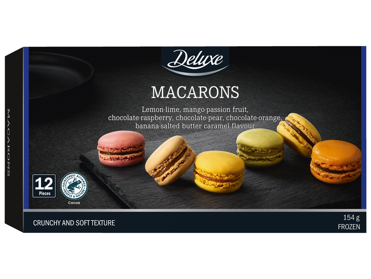 Deluxe Makroonid erinevate puuvilja- ja šokolaadimaitsetega, 12 tükki, 154g külmutatud.