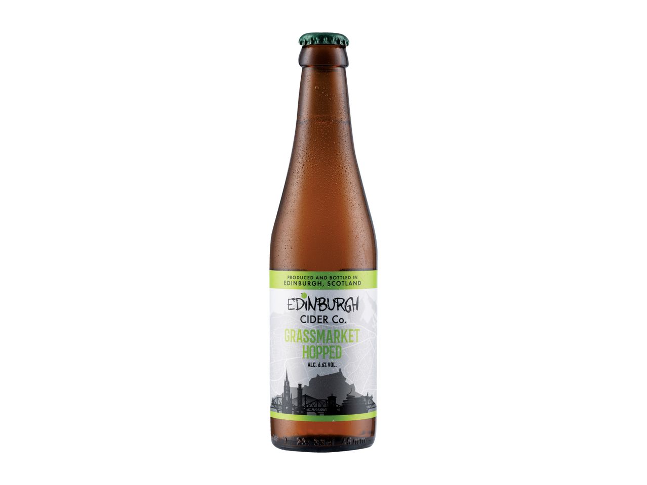 A brown glass bottle of hopped cider with a green cap and a label featuring an Edinburgh skyline.