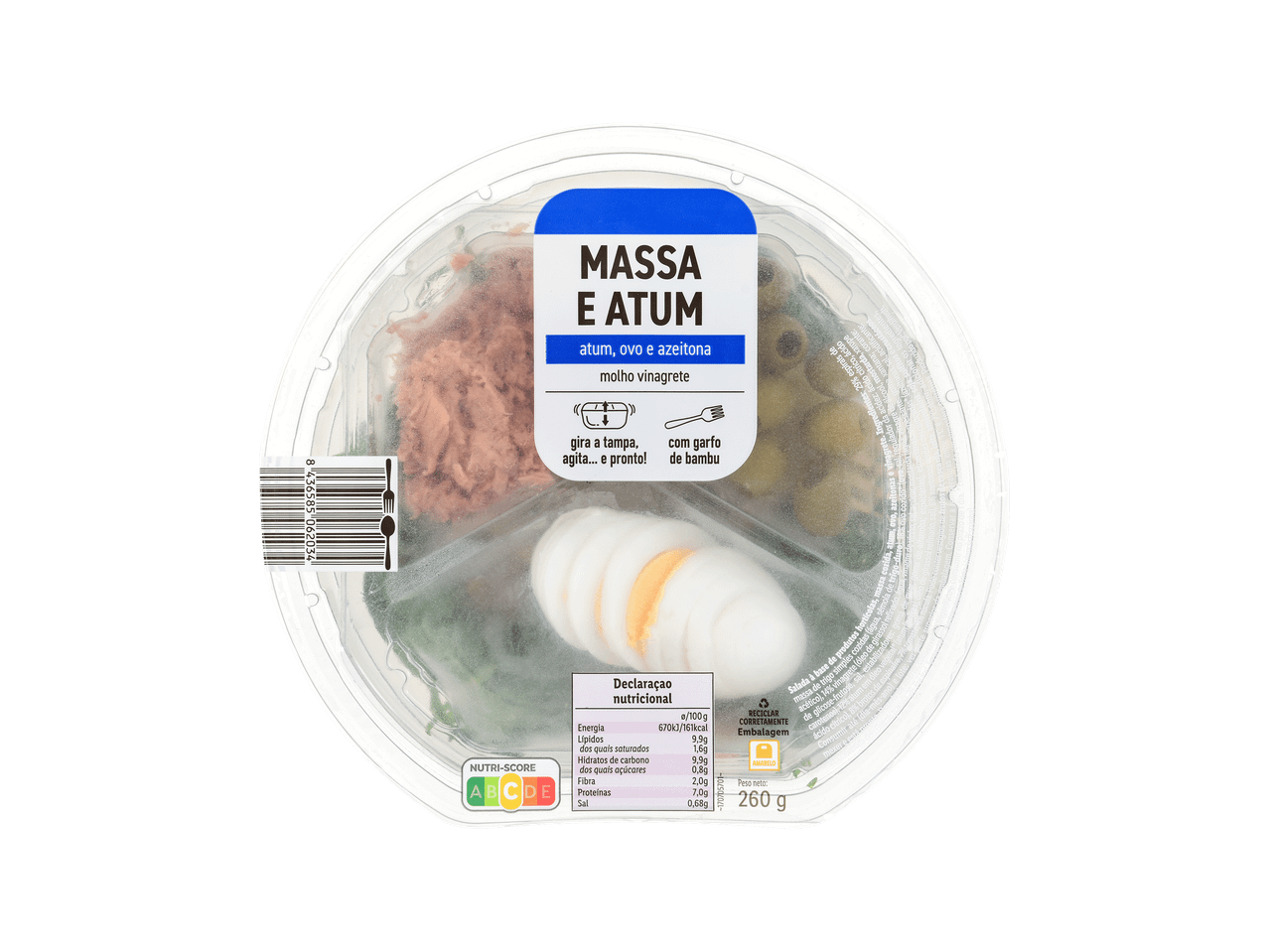 Salada de massa com atum, ovo e azeitona, com molho vinagrete, pronta a agitar e comer.