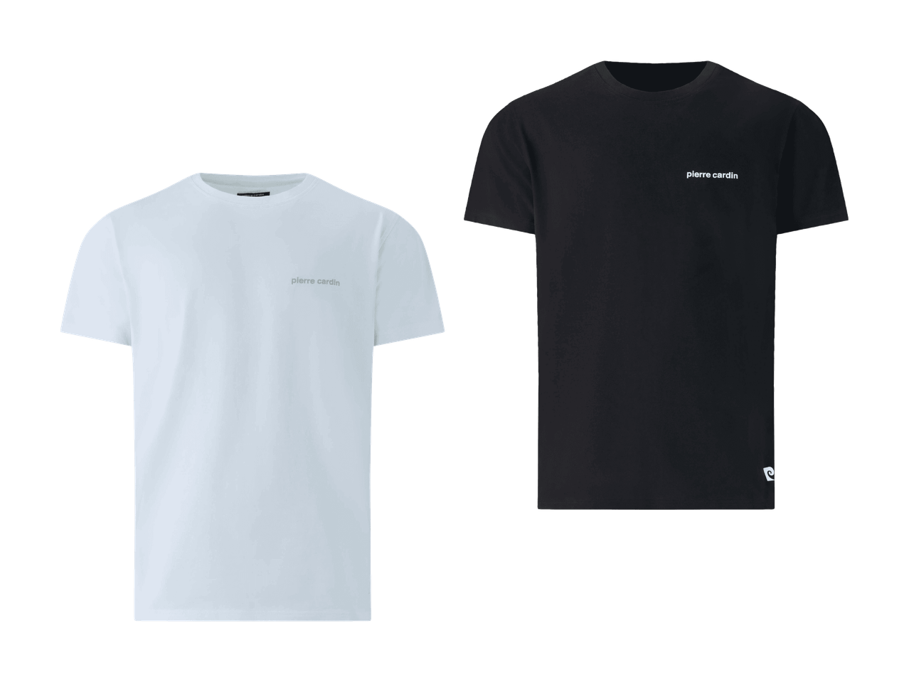 Deux t-shirts à manches courtes, un blanc et un noir, avec un petit logo sur la poitrine.