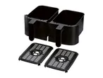 Two black air fryer baskets with handles and two removable grill plates.
