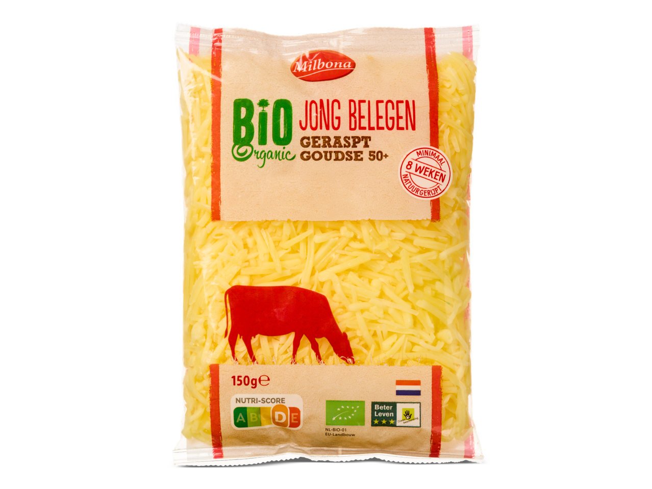 Milbona Biologische geraspte Gouda 50+ kaas.