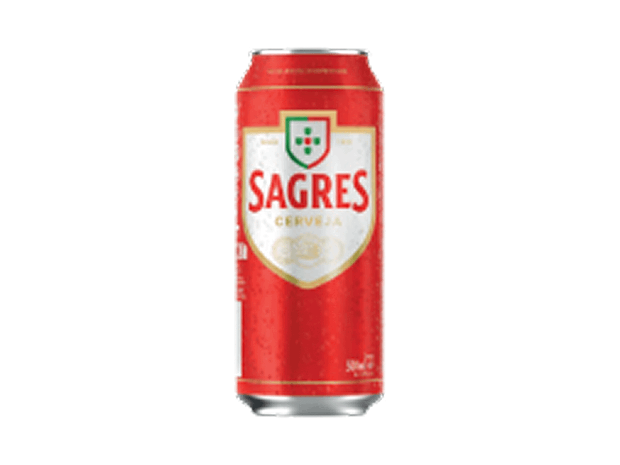 Lata de cerveja vermelha com rótulo branco e dourado, com gotas de água.