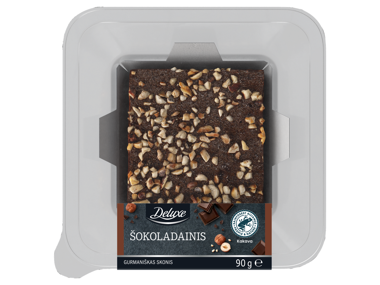 Deluxe šokoladinis pyragaitis su riešutais skaidrioje plastikinėje pakuotėje, 90g.