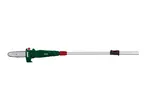 A green and red pole saw with a chainsaw head, extended horizontally on a white background.