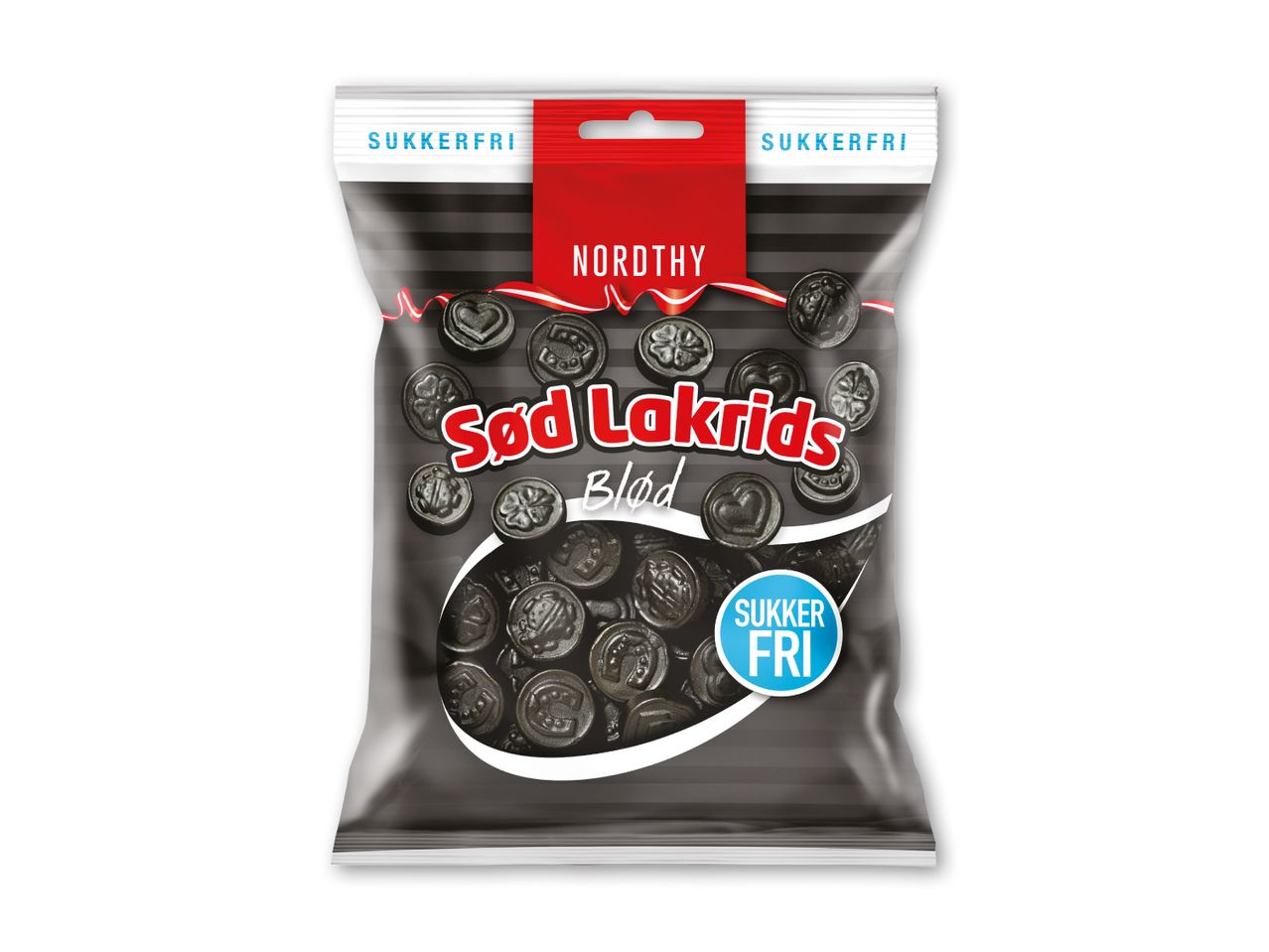 Pose med sukkerfri blød lakrids i forskellige former.