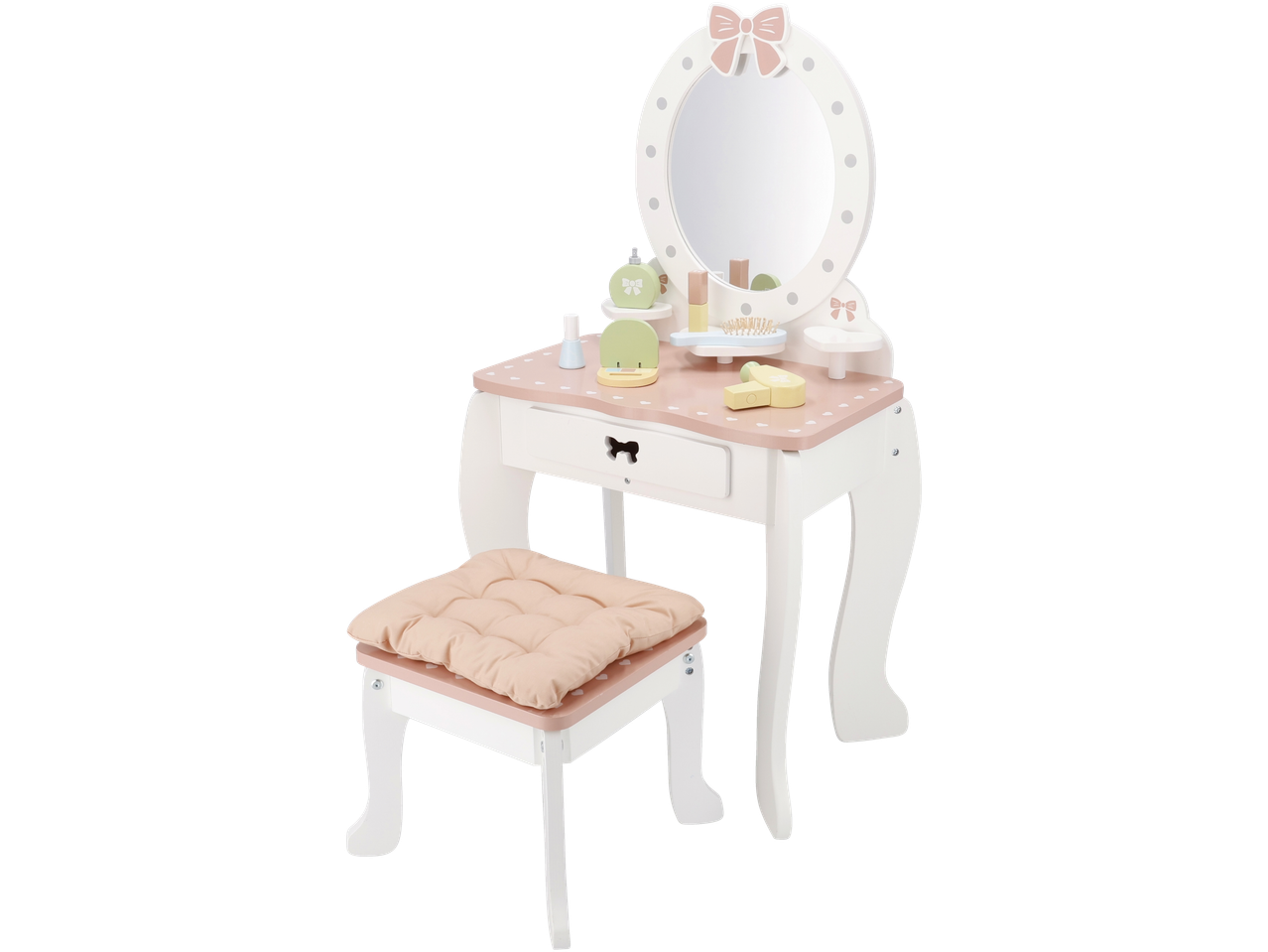 Baltas ir rožinis žaislinis tualetinis staliukas su veidrodžiu ir taburete.