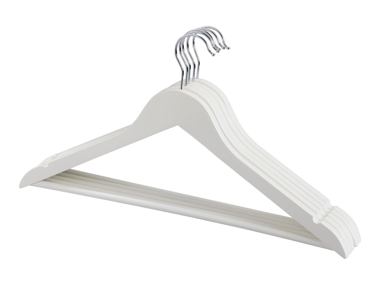 Set of white wooden clothes hangers with metal hooks