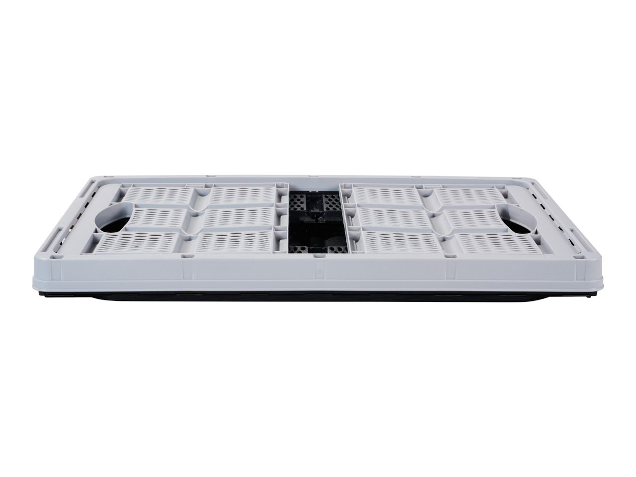 Folded gray plastic storage crate with a black base, viewed from the side.