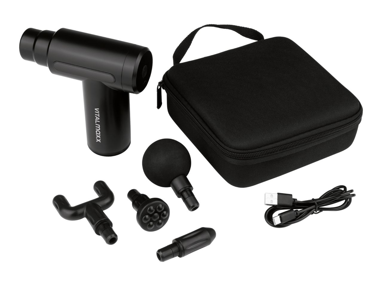 Black massage gun with various attachments, a carrying case, and a charging cable.