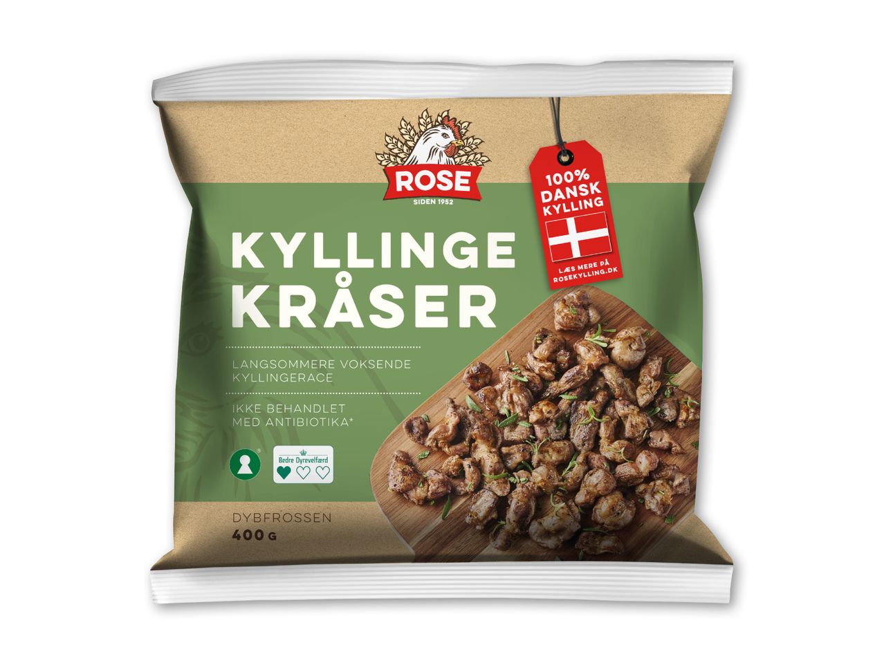 Emballage med kyllingekråser, der fremhæver langsomt voksende kyllinger og ingen antibiotika.