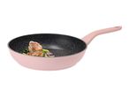 Pink frying pan with meat and vegetables
