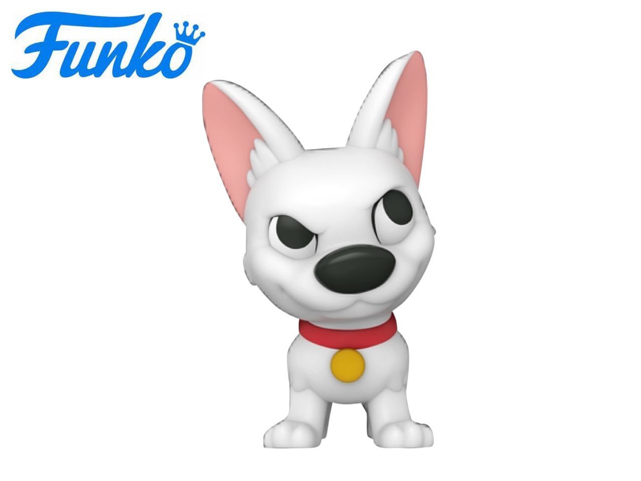 White dog figurine with a red collar and gold tag, with a blue logo in the top left corner.
