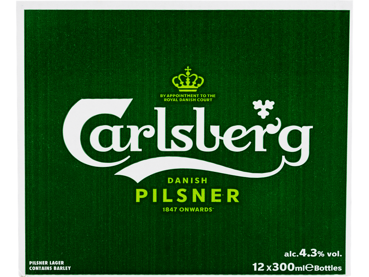 Carlsberg Danish Pilsner beer label, 12 x 300ml bottles, 4.3% alcohol.