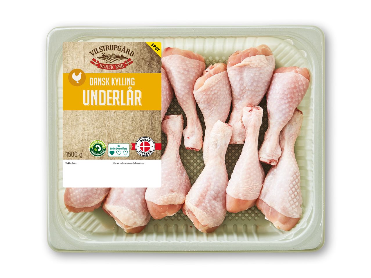 Vilstrupgaard danske kyllingeunderlår (1500g) i en plastikbakke.