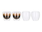 Four double-walled espresso glasses, two filled with coffee and two empty.