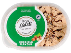 Crème glacée à la noisette dans un contenant ovale, avec l'inscription 'Nocciola Flavour'.