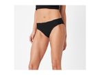 Woman wearing black ribbed bikini briefs with lace trim and a black crop top.