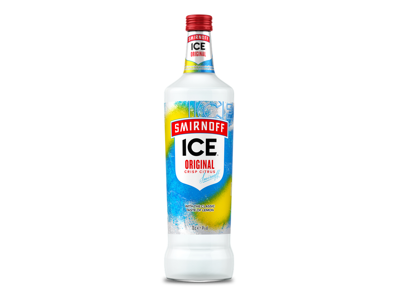 Fles met een verfrissende, originele citrussmaak, met een helderblauw en geel label.
