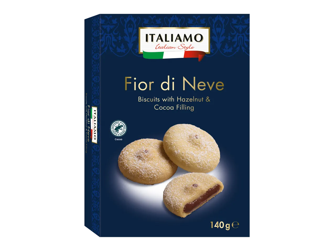 Biscuiți ITALIAMO Fior di Neve cu umplutură de alune și cacao (140g).