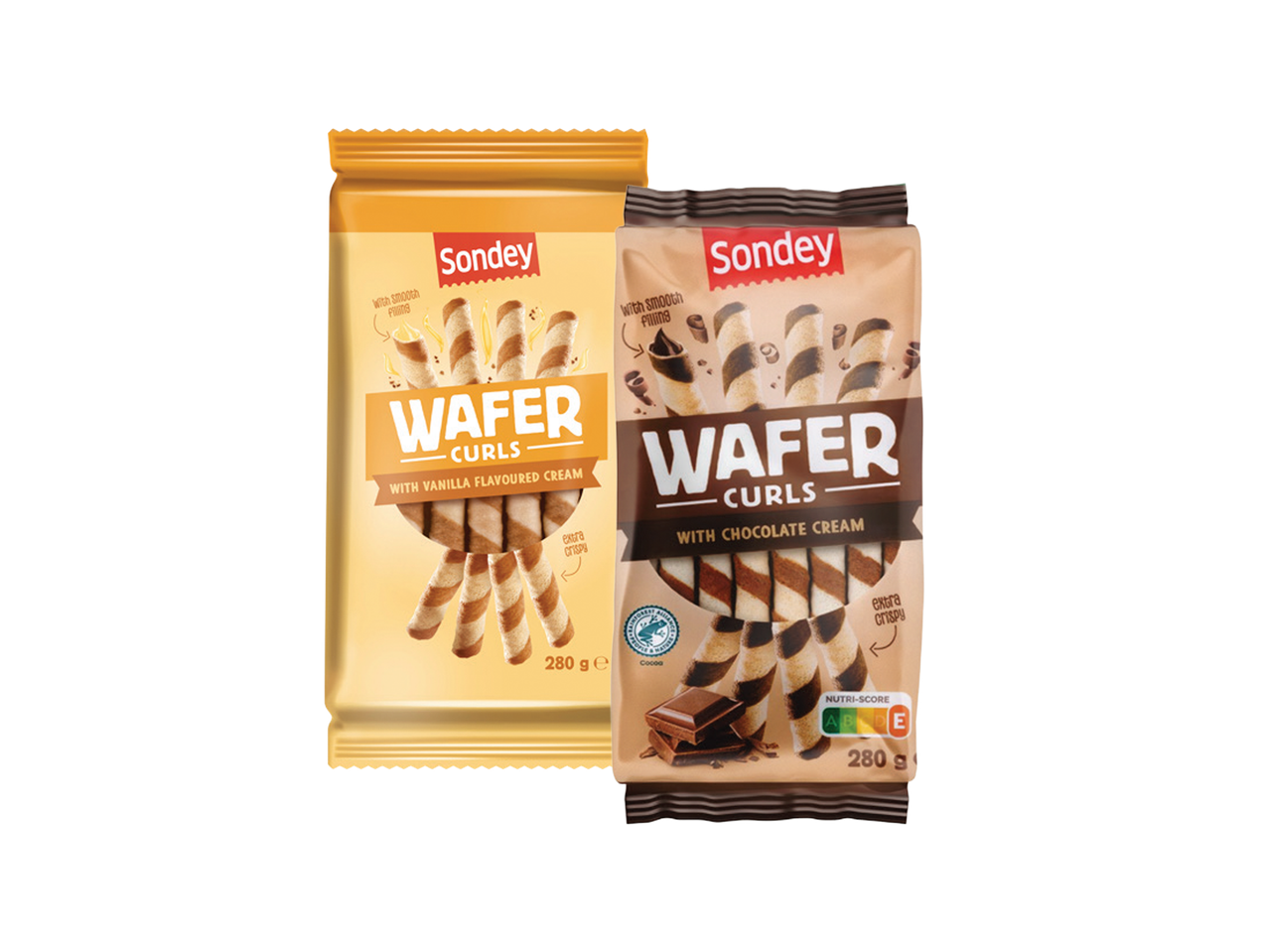 Dva pakovanja vafl rolnica sa kremom od vanile i čokolade, sa natpisom „extra crispy“.