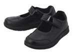 Pair of black children's school shoes with a single patent strap and brogue detailing.