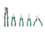 A set of five different pliers, including water pump pliers, side cutters, combination pliers, long nose pliers, and wire strippers, all with green and black handles.