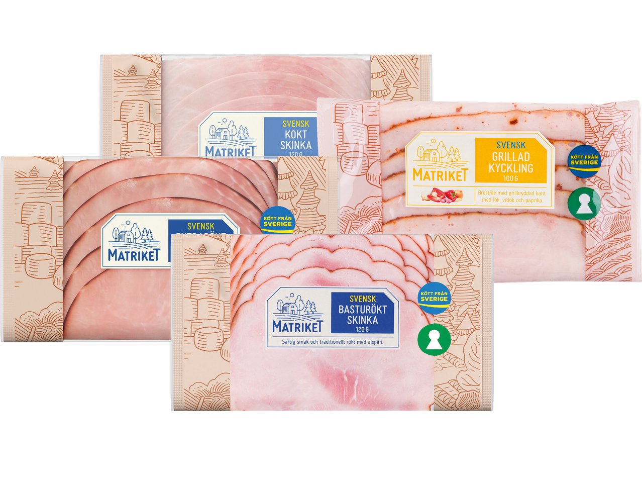 Förpackningar med skivad kokt skinka, basturökt skinka och grillad kyckling.