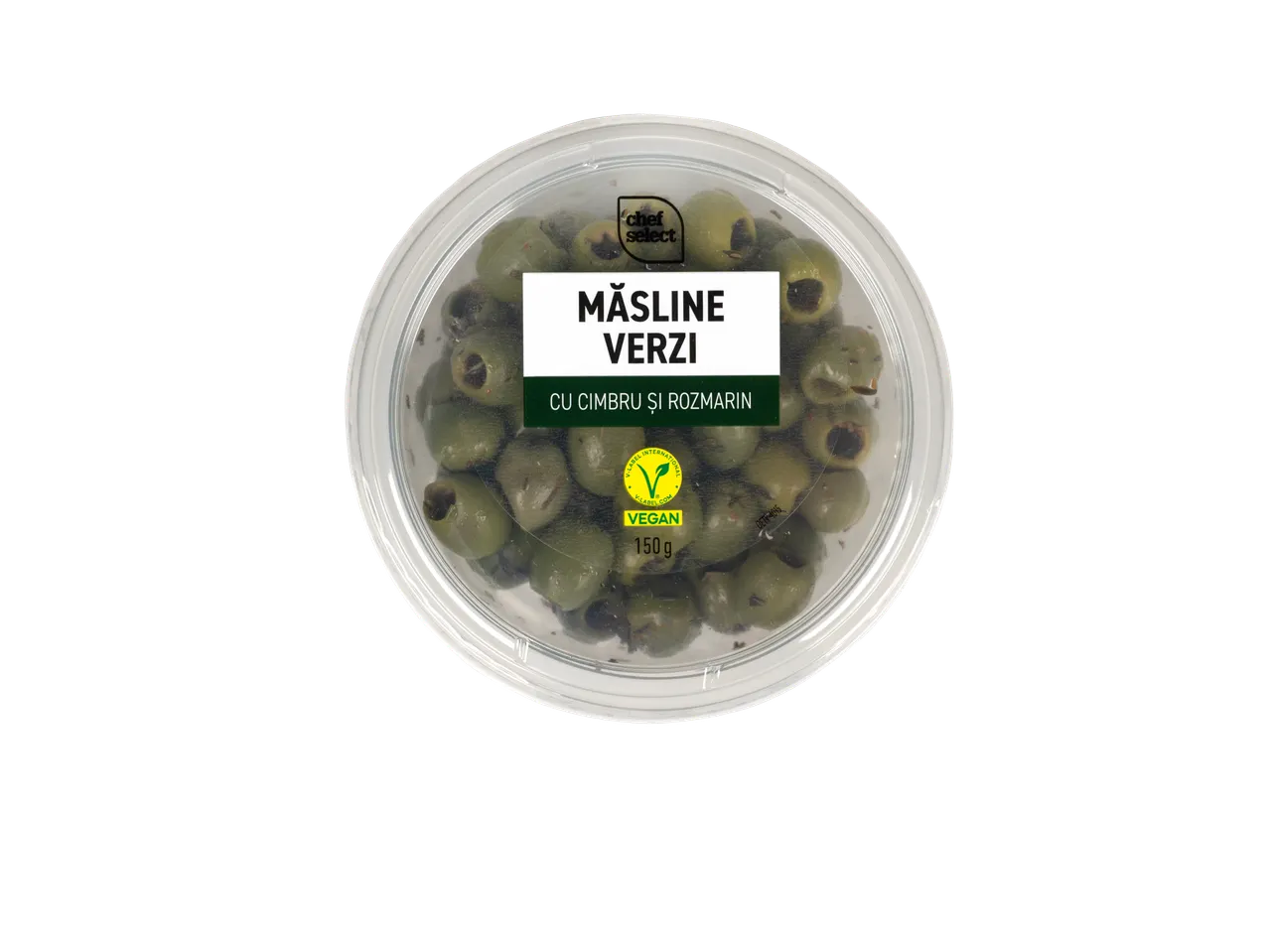Chef Select măsline verzi cu cimbru și rozmarin (150g), vegan.