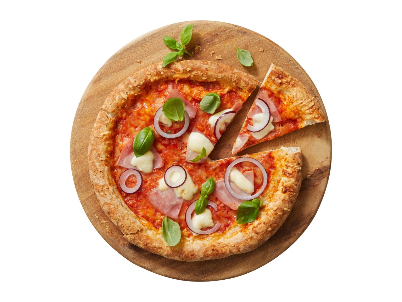 Pizza with ham, mozzarella, red onion, and basil on a wooden board, with one slice removed.