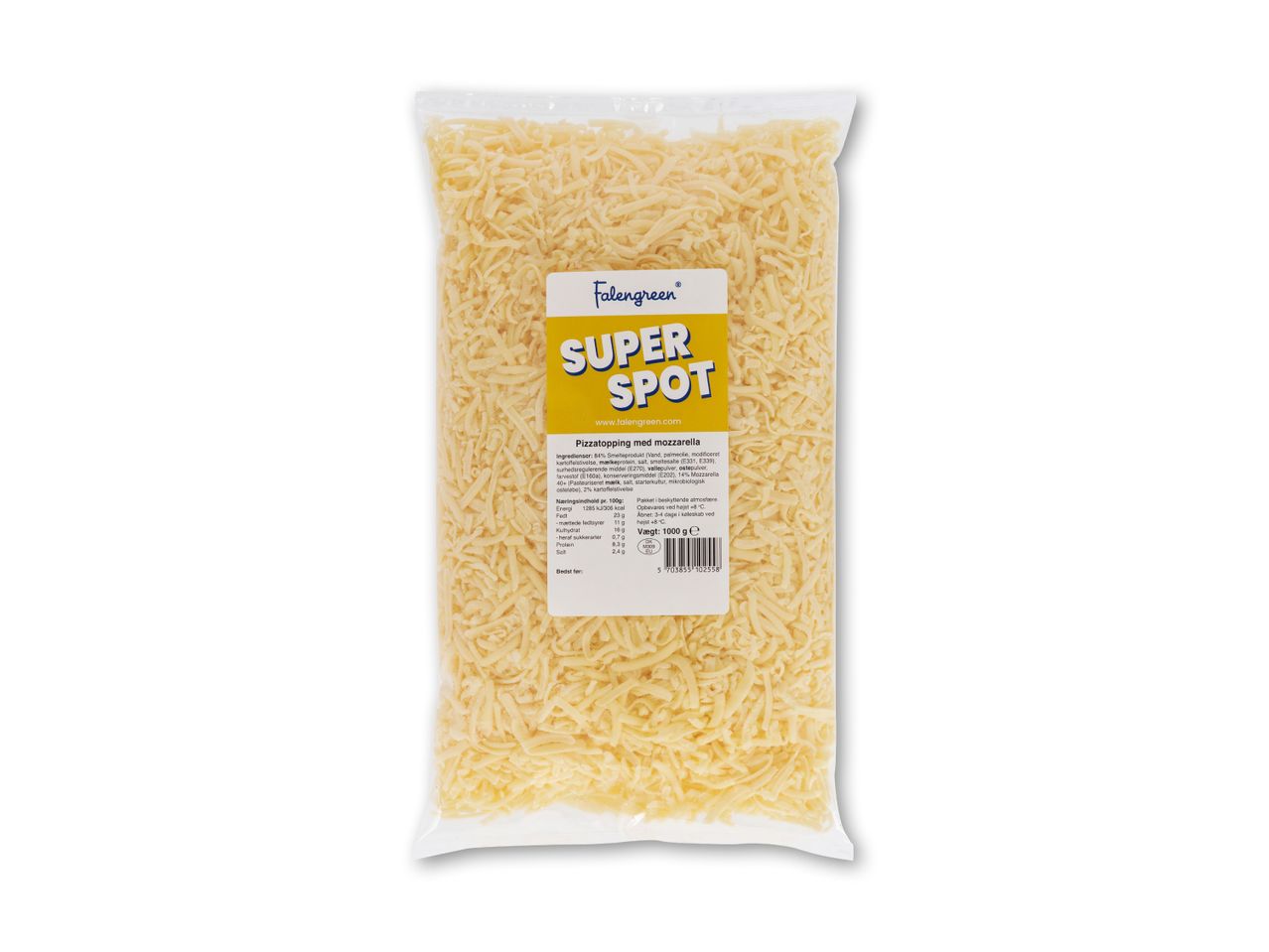 En pose revet mozzarellaost til pizza med ernæringsoplysninger og stregkode.