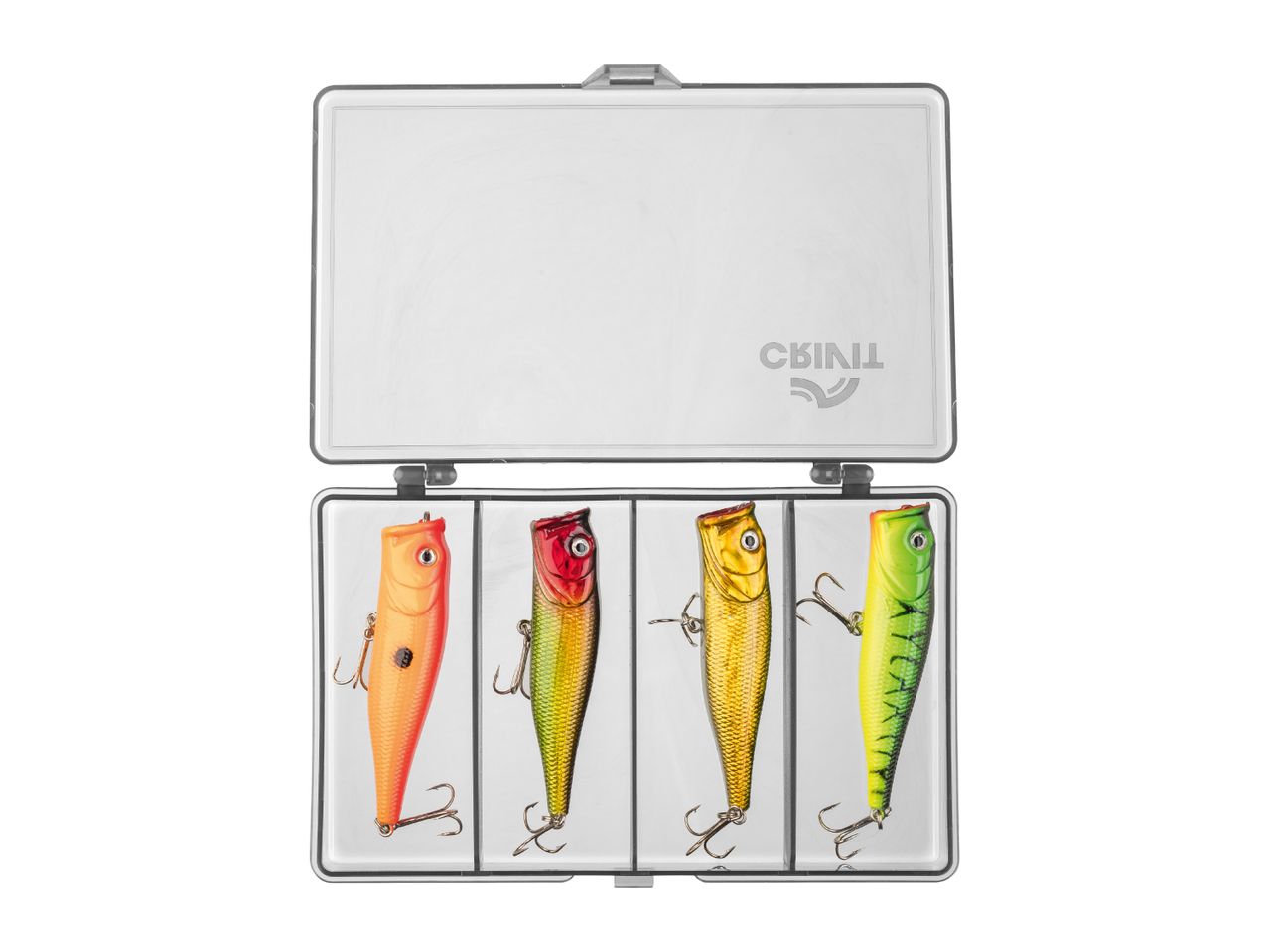 Open tackle box with four colorful fishing lures in orange, red, gold, and green.