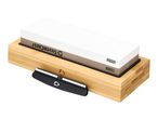 Whetstone with two grits (1000 and 6000) on a bamboo base, with a sharpening guide.